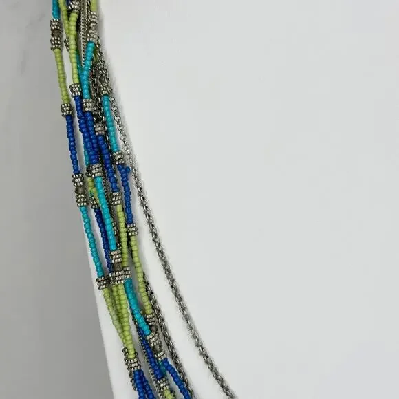 Chico's Multi Strand Seed Bead Necklace Blue Green Silver Tone Long ✨ - Picture 4 of 9